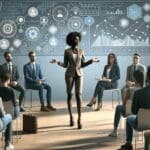 Emprendedor presentando su startup frente a un jurado en un auditorio tecnológico moderno