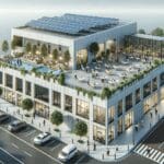 Paneles solares y vegetación en la azotea de un edificio de coworking moderno