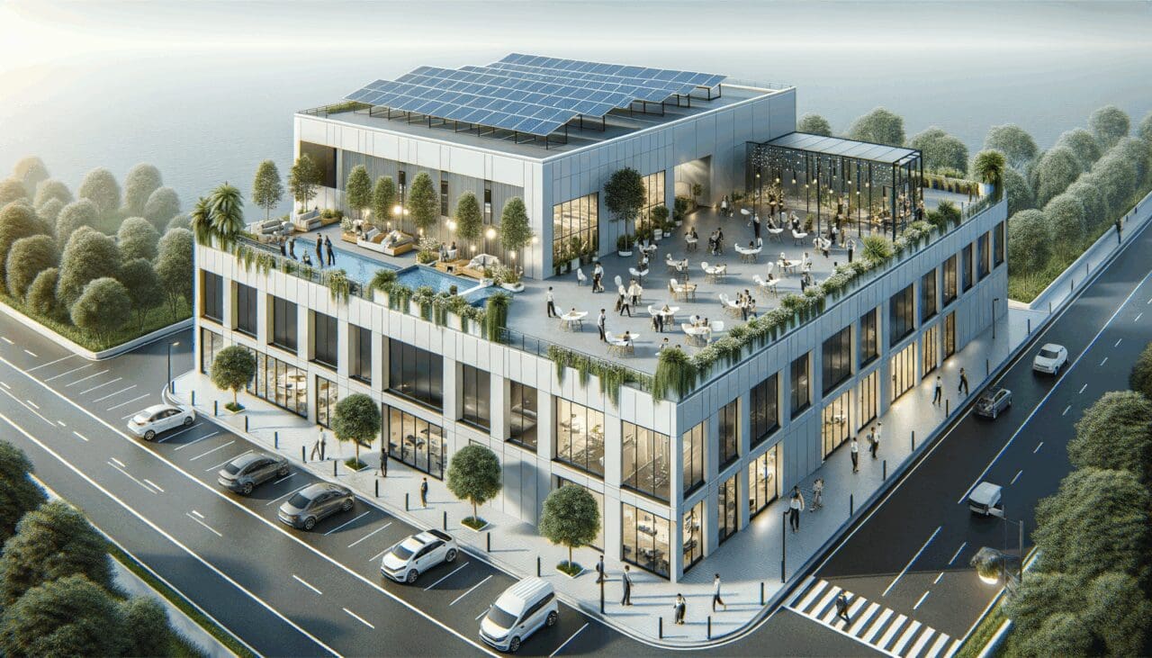 Paneles solares y vegetación en la azotea de un edificio de coworking moderno