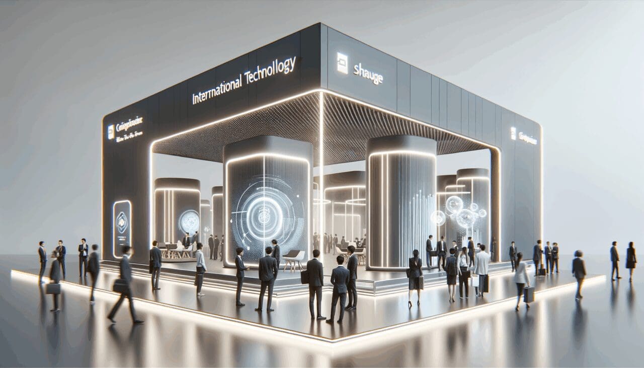 Pabellones modernos y tecnología en exhibición durante un evento tecnológico internacional en París