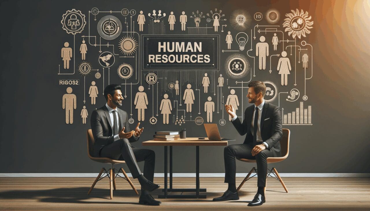 Dos emprendedores discuten ideas frente a una pizarra con gráficos de recursos humanos