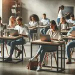 Personas trabajando en un moderno espacio de coworking con laptops y pizarras