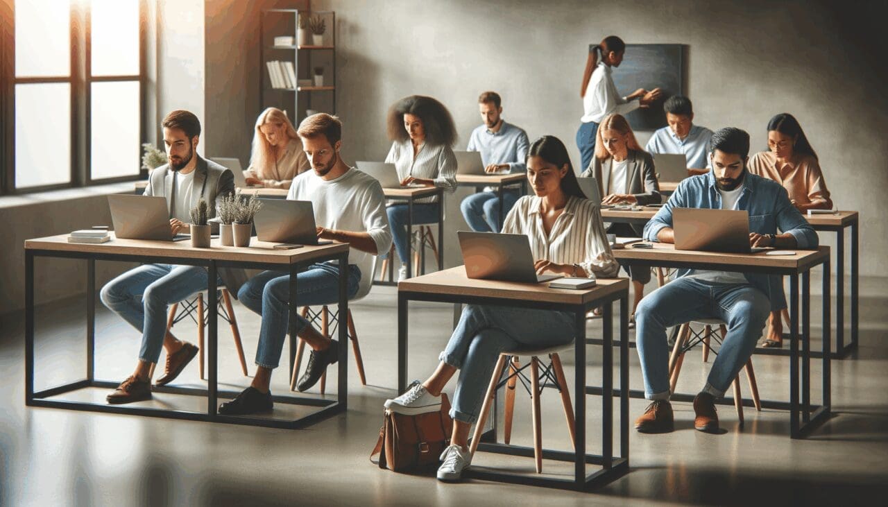 Personas trabajando en un moderno espacio de coworking con laptops y pizarras