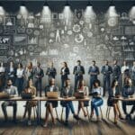 Emprendedores reunidos en una sala moderna con laptops y pizarras digitales