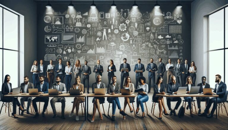 Emprendedores reunidos en una sala moderna con laptops y pizarras digitales