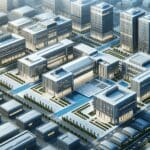 Vista aérea de un campus tecnológico con edificios modernos