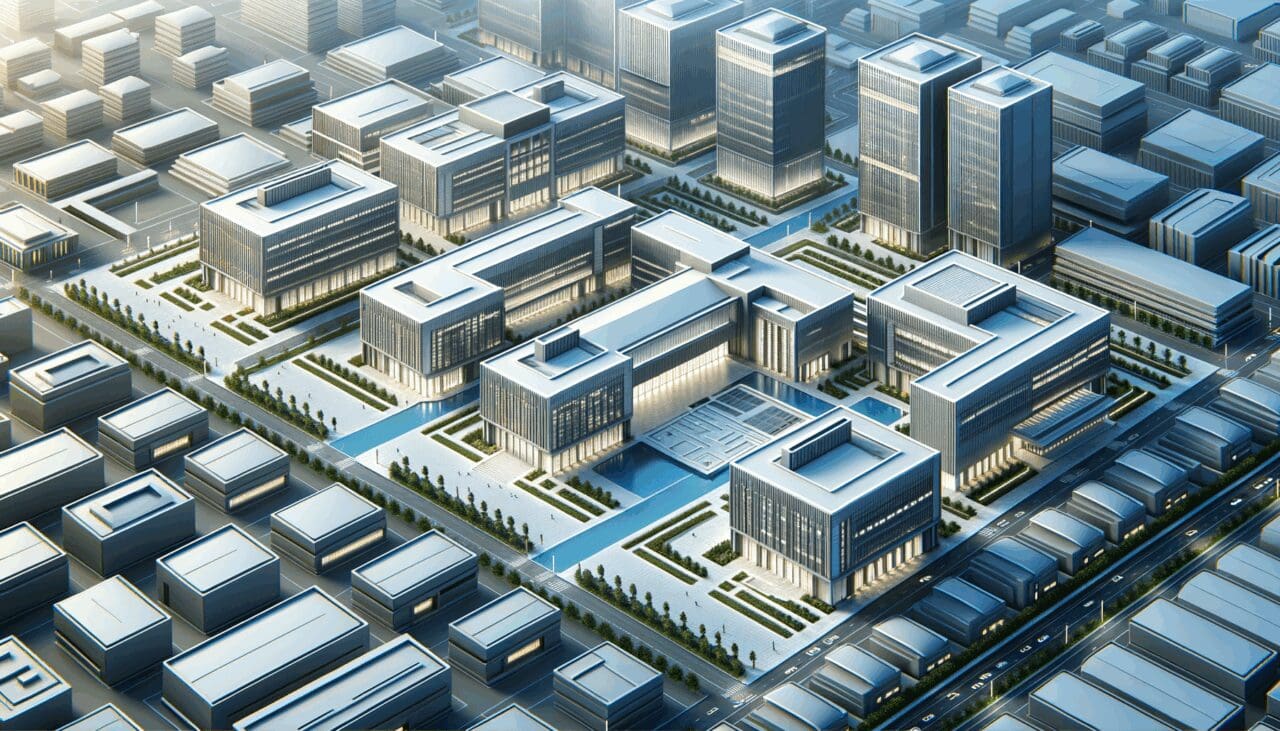 Vista aérea de un campus tecnológico con edificios modernos