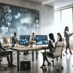 Sala de reuniones moderna con emprendedores trabajando frente a pantallas de datos