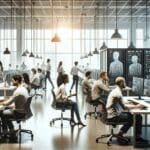 Oficinas modernas con desarrolladores trabajando en inteligencia artificial