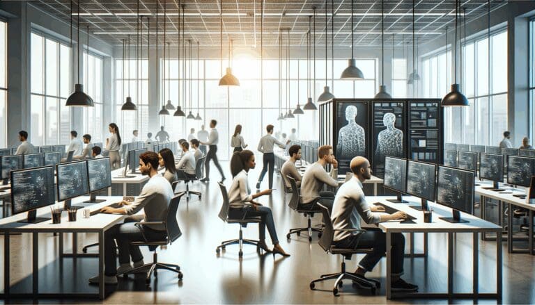 Oficinas modernas con desarrolladores trabajando en inteligencia artificial