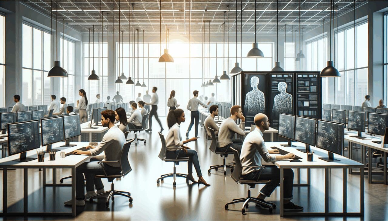 Oficinas modernas con desarrolladores trabajando en inteligencia artificial