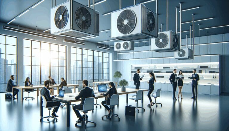 Laboratorio moderno con emprendedores probando sistemas de climatización innovadores