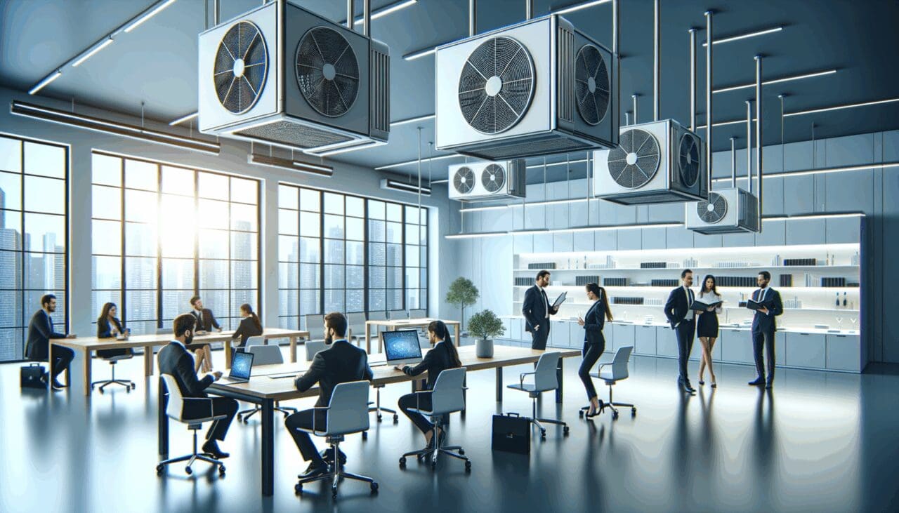 Laboratorio moderno con emprendedores probando sistemas de climatización innovadores