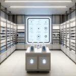 Interior de una tienda moderna equipada con sensores y pantallas digitales sobre estanterías