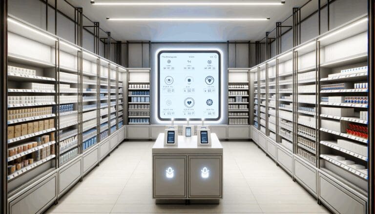 Interior de una tienda moderna equipada con sensores y pantallas digitales sobre estanterías