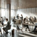 Espacio moderno de coworking con emprendedores colaborando en laptops
