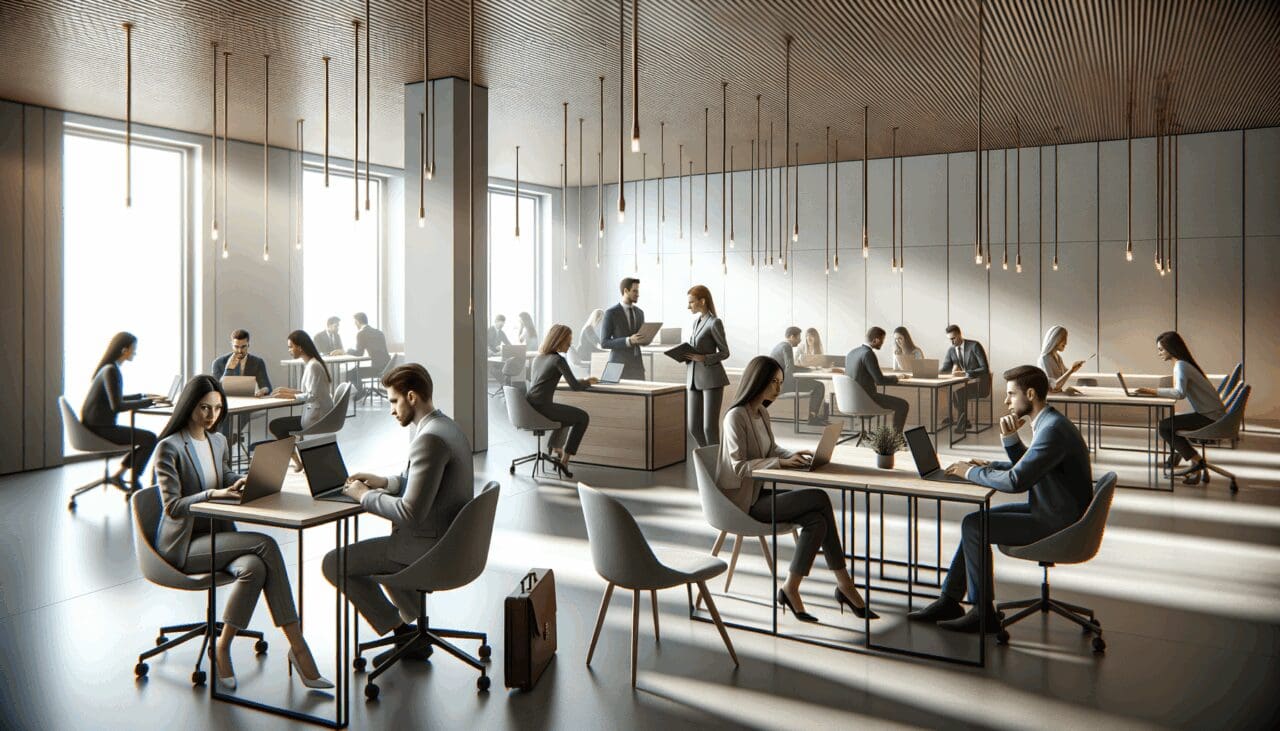 Espacio moderno de coworking con emprendedores colaborando en laptops