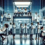 Laboratorio moderno con científicos analizando muestras en un ambiente tecnológico
