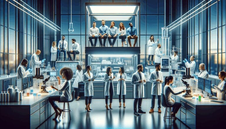 Laboratorio moderno con científicos analizando muestras en un ambiente tecnológico