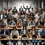 Personas colaborando frente a laptops en un espacio de coworking moderno