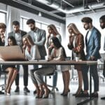 Grupo de emprendedores revisando una presentación en una sala de coworking moderna