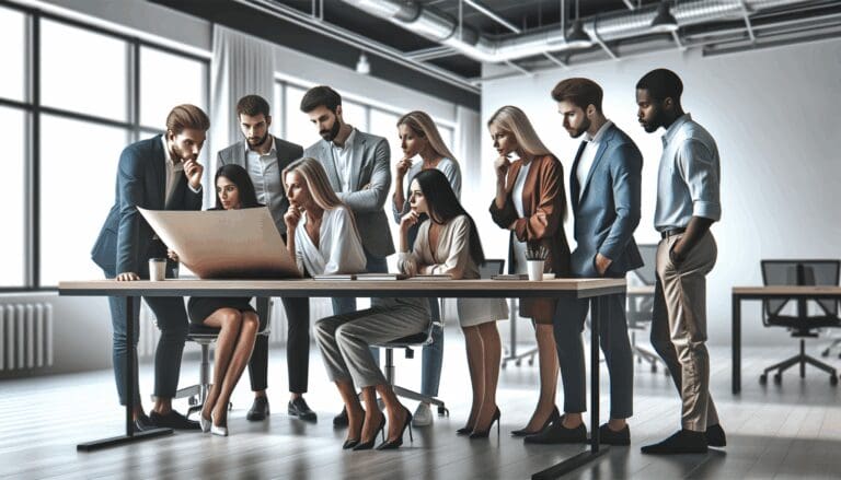 Grupo de emprendedores revisando una presentación en una sala de coworking moderna