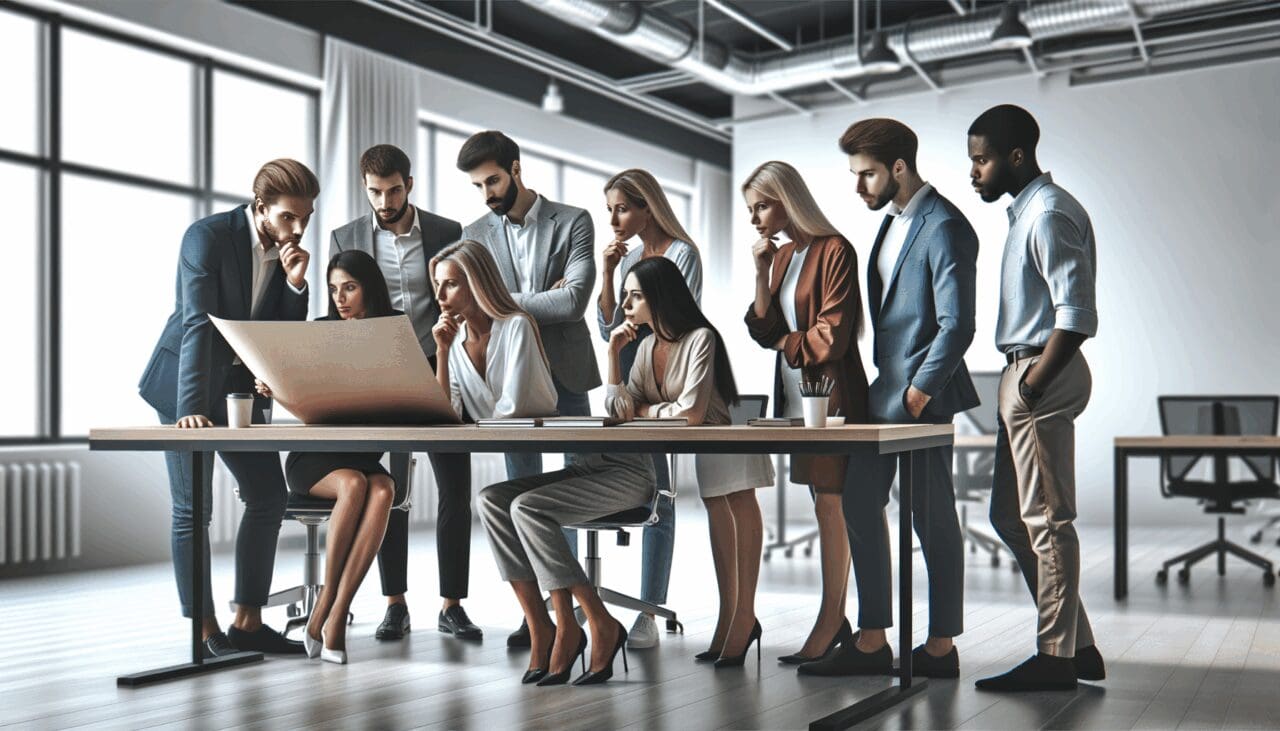 Grupo de emprendedores revisando una presentación en una sala de coworking moderna