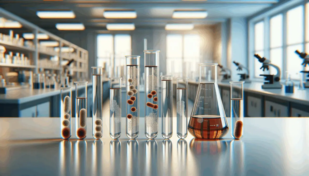 Primer plano de tubos de ensayo con líquidos y bacterias en un laboratorio moderno