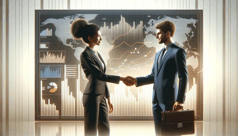 Dos empresarios estrechando manos frente a una pantalla con gráficos y mapa de Asia