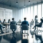 Vista dinámica de una sala de reuniones con emprendedores discutiendo estrategias.