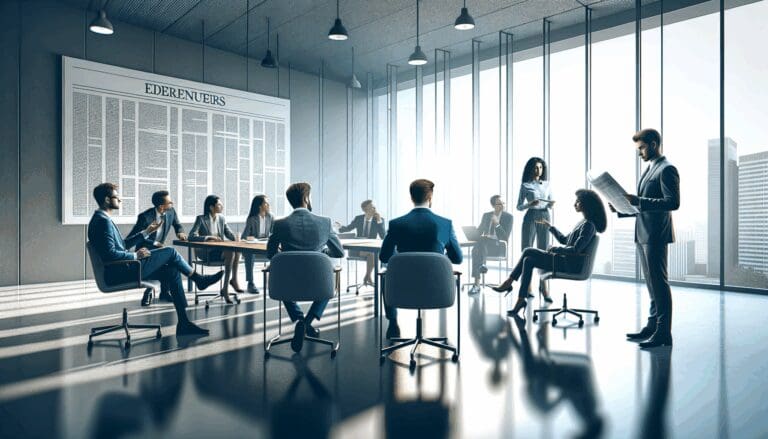 Vista dinámica de una sala de reuniones con emprendedores discutiendo estrategias.