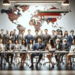 Empresarios internacionales en una reunión dentro de un coworking moderno en Asia