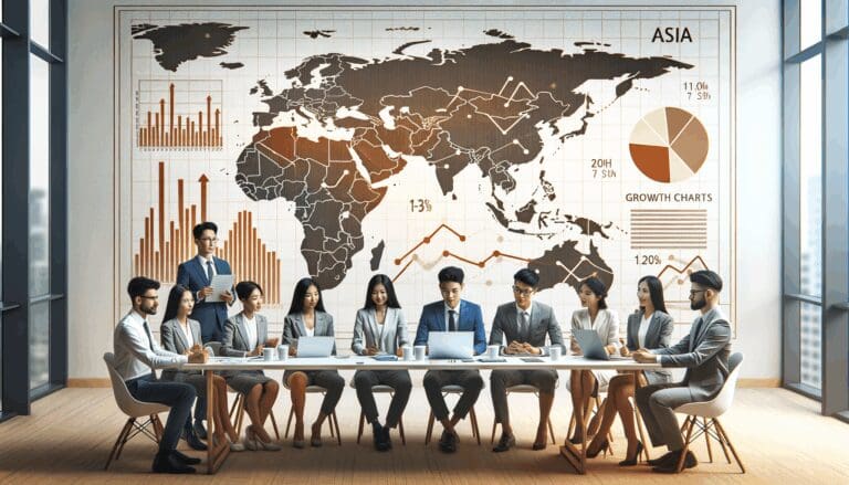 Empresarios jóvenes en reunión frente a un mapa de Asia con gráficos de crecimiento