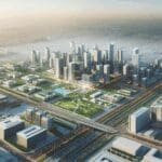 Vista aérea de una ciudad inteligente con infraestructura moderna y áreas verdes