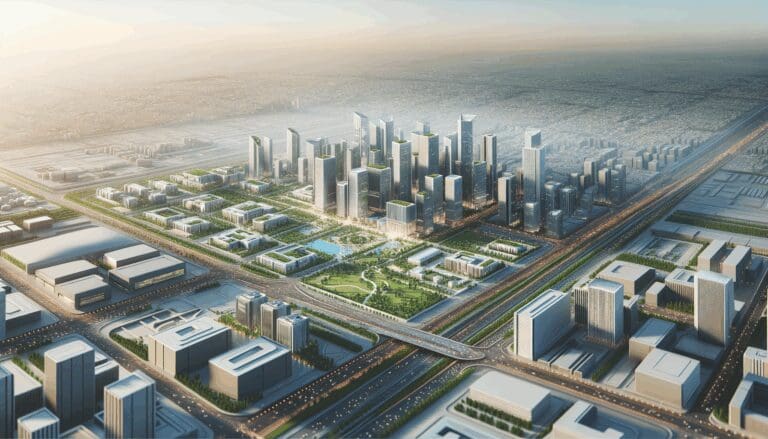 Vista aérea de una ciudad inteligente con infraestructura moderna y áreas verdes