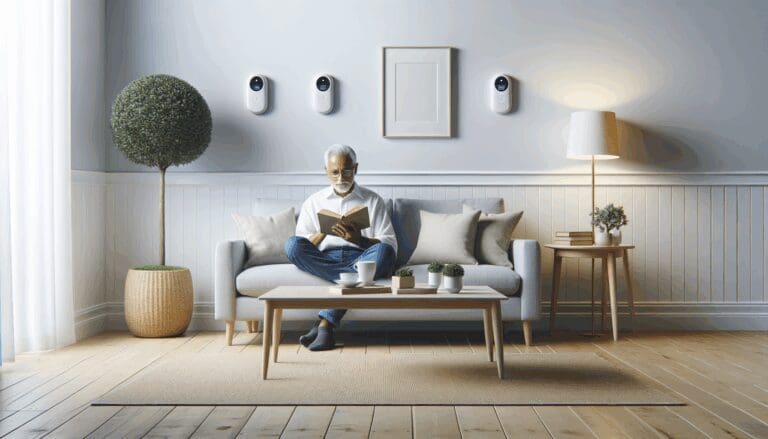 Sala de estar luminosa con sensores discretos instalados en las paredes y una persona mayor leyendo tranquilamente