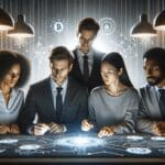 Equipo multidisciplinario trabajando frente a una pantalla con gráficos de ciberseguridad y redes blockchain