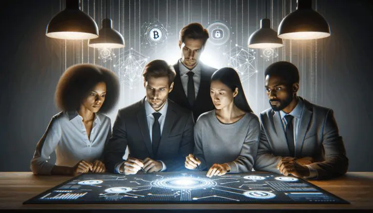 Equipo multidisciplinario trabajando frente a una pantalla con gráficos de ciberseguridad y redes blockchain