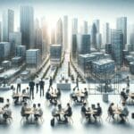 Panorámica de una ciudad moderna con hubs tecnológicos y jóvenes emprendedores trabajando