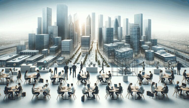 Panorámica de una ciudad moderna con hubs tecnológicos y jóvenes emprendedores trabajando