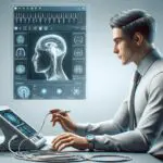 Persona usando un dispositivo médico conectado a una pantalla con datos neurológicos