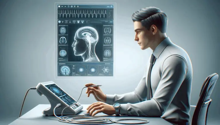 Persona usando un dispositivo médico conectado a una pantalla con datos neurológicos