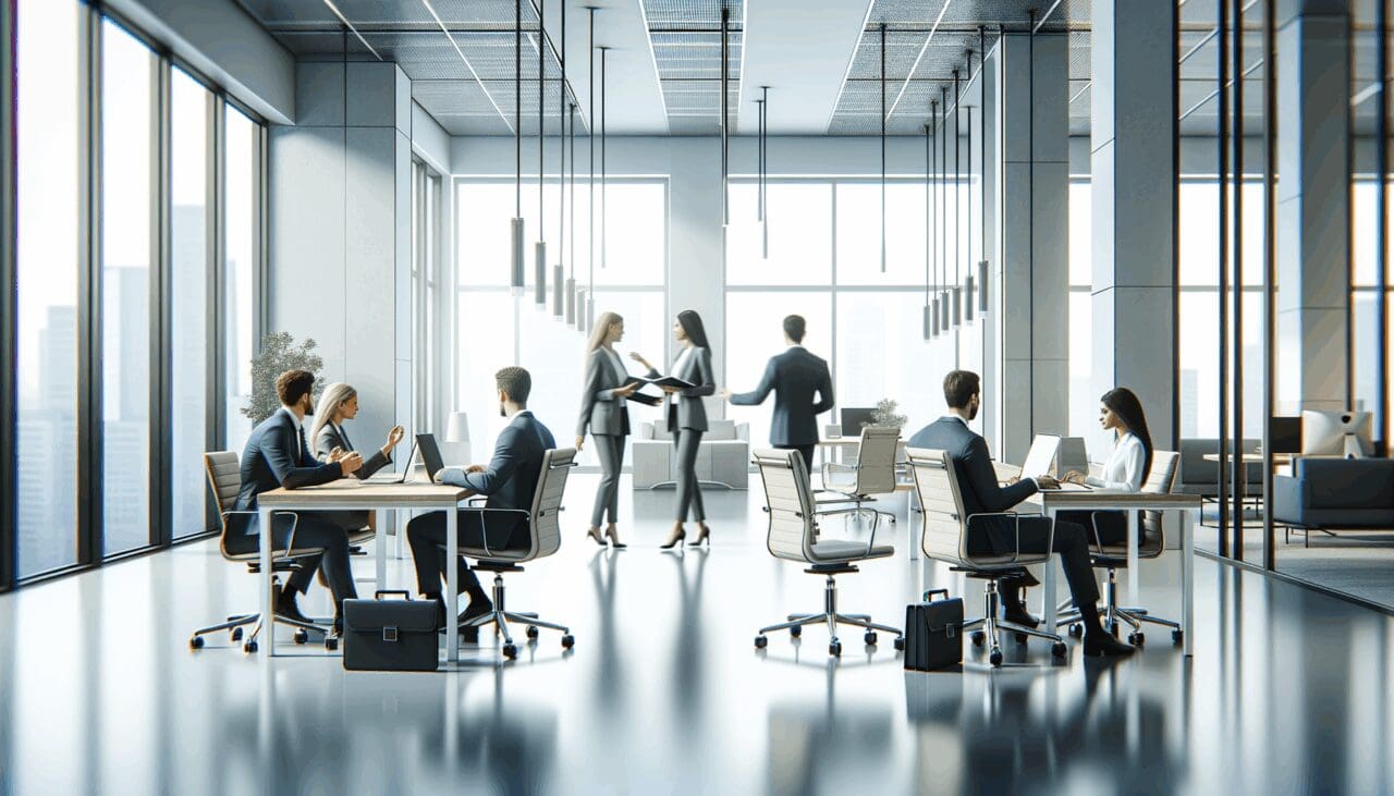 Escena de startup tecnologica con equipo colaborando en oficina moderna