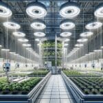 Invernadero automatizado con sensores y plantas en crecimiento bajo luz artificial