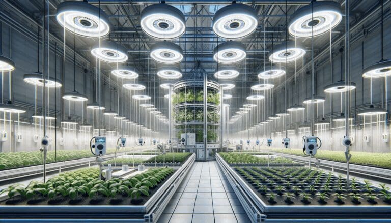 Invernadero automatizado con sensores y plantas en crecimiento bajo luz artificial