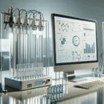 Primer plano de un laboratorio tecnológico con tubos de ensayos y sensores conectados a computadoras