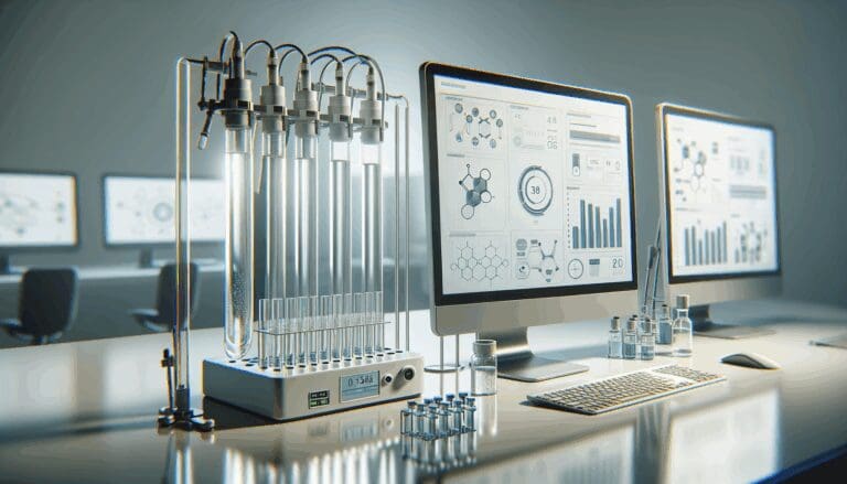 Primer plano de un laboratorio tecnológico con tubos de ensayos y sensores conectados a computadoras