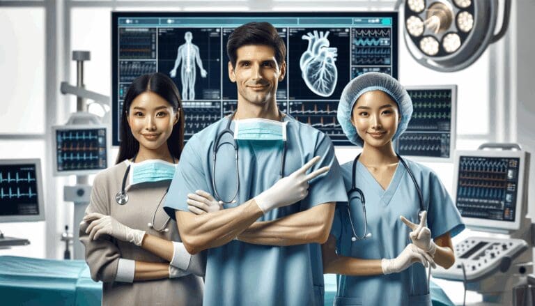 Equipo médico operando frente a una pantalla digital con datos clínicos en tiempo real