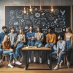 Grupo de emprendedores jóvenes compartiendo ideas frente a una pizarra en un espacio de coworking moderno