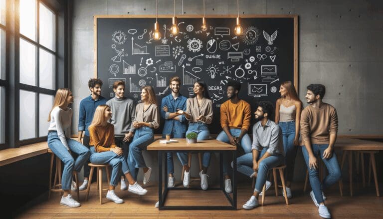 Grupo de emprendedores jóvenes compartiendo ideas frente a una pizarra en un espacio de coworking moderno